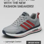 "Grey and red men's fashion sneaker with white sole displayed on a light background"