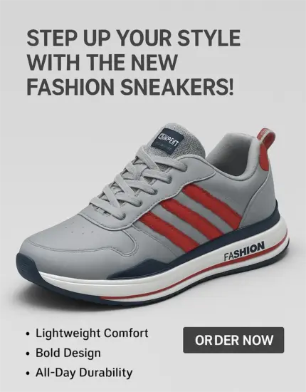 "Grey and red men's fashion sneaker with white sole displayed on a light background"